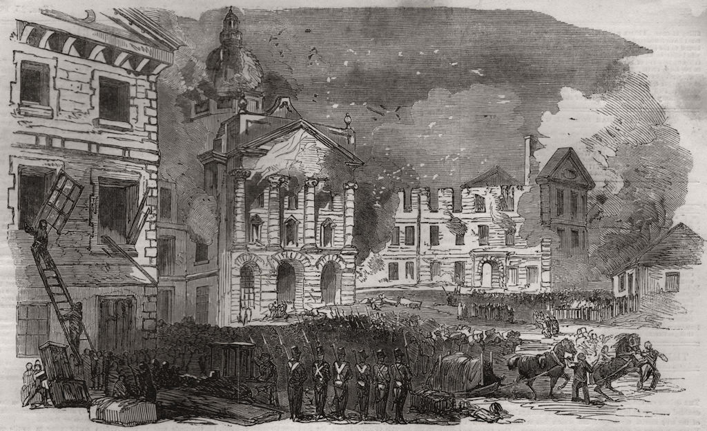 Associate Product Destruction by fire of the parliament buildings, at Quebec. Canada, print, 1854