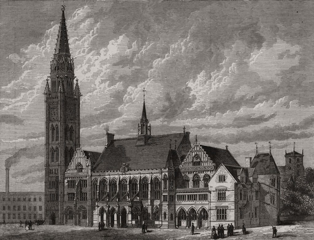 Associate Product The town hall of Rochdale, Lancashire, antique print, 1881