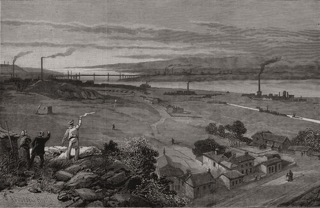 Associate Product Runcorn & Widnes on the Mersey & the railway viaduct from Halton, Cheshire 1883