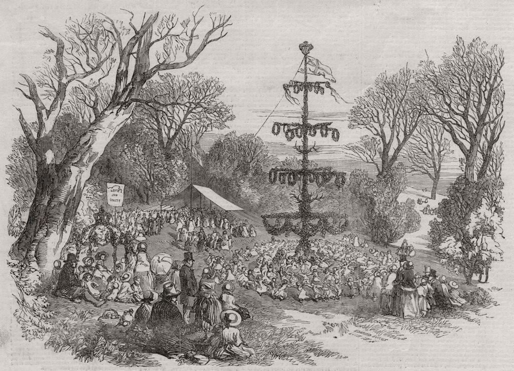May Day, 1852. Maypole at Burley New Forest, Hants. Hampshire 1852 old print