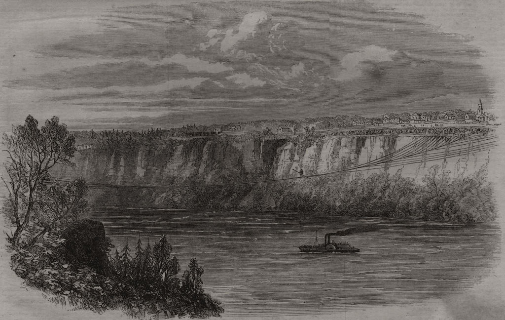 Associate Product Farina, with a man on his back, crossing the Niagara on a tightrope, print, 1860