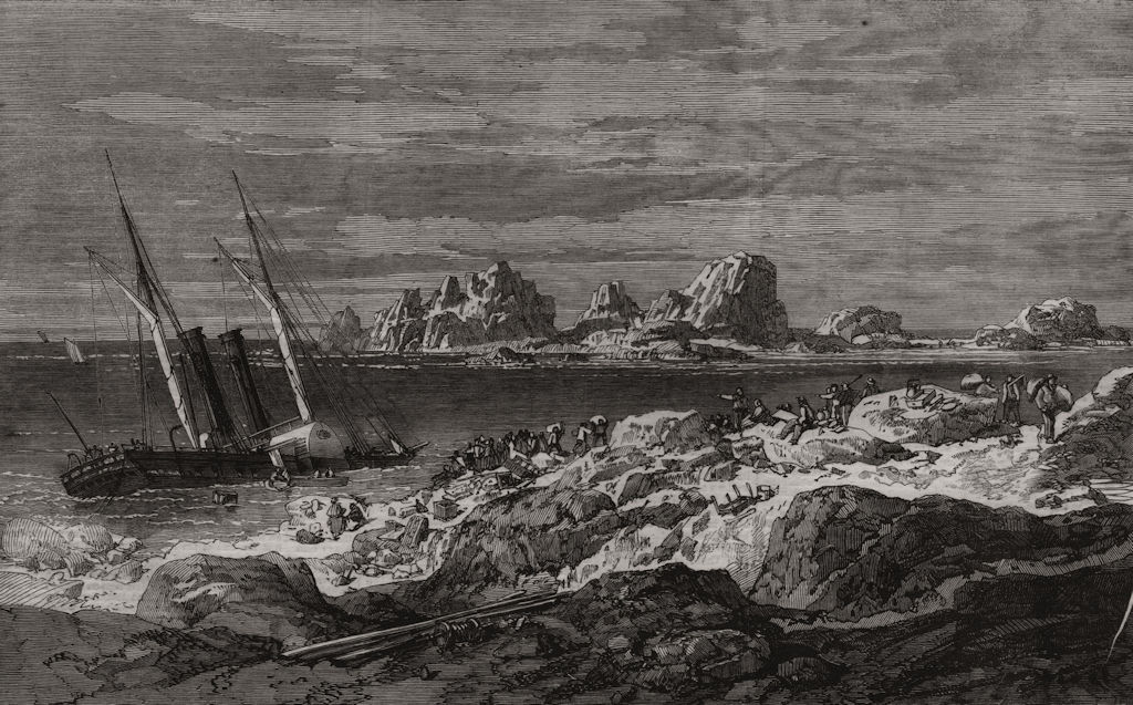 Associate Product Jersey Mail steam packet "Express" wreck on Grunes Houillieres, old print, 1859