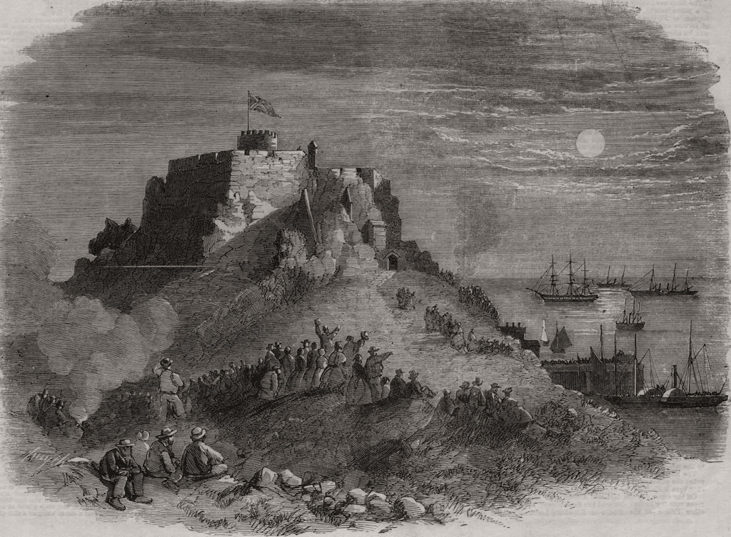 Associate Product Jersey. Mont Orgeuil Castle at night, the Royal Squadron at anchor, print, 1859