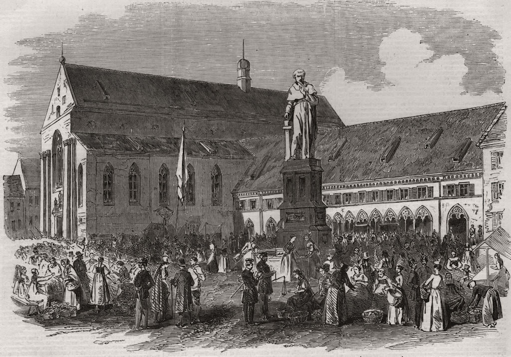 Statue of Schwarz, inventor of gunpowder, at Freiburg, Baden-Württemberg 1853