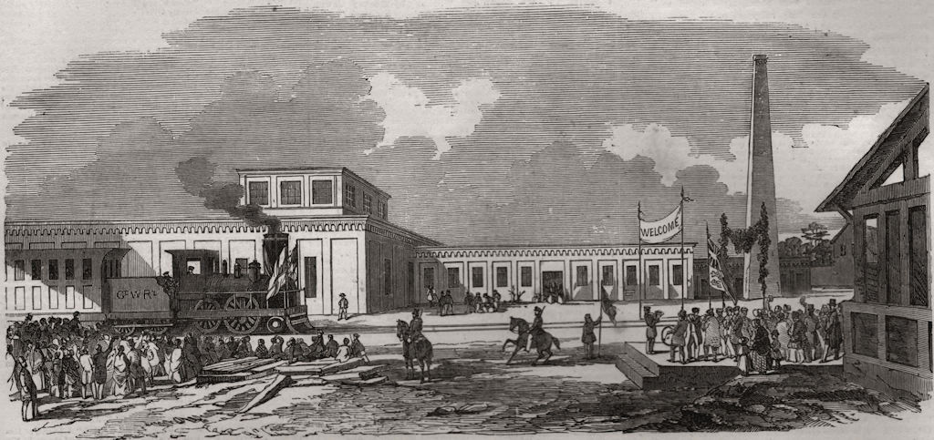 Associate Product Opening of the Canada Great Western Railway - London station, old print, 1854