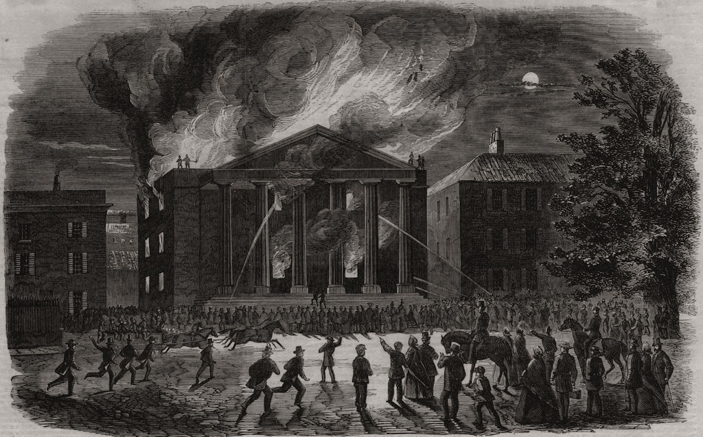 Associate Product Burning of the Jersey Theatre. Channel Islands, antique print, 1863