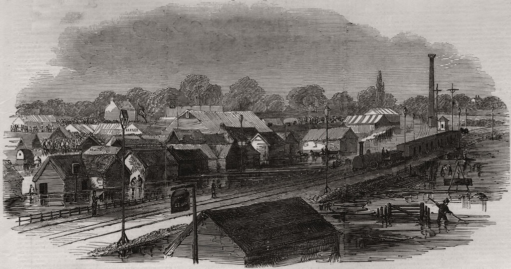 Peterborough Fair, during the flood. Cambridgeshire, antique print, 1848