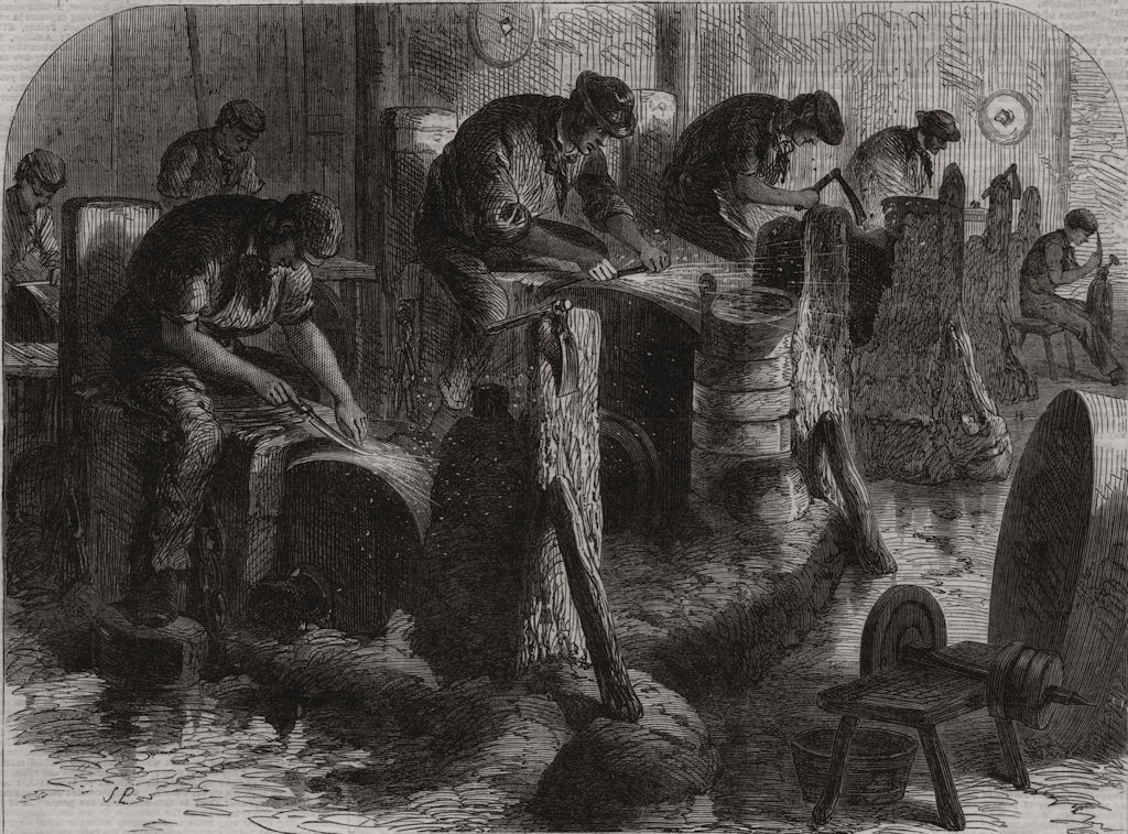 The Sheffield steel manufactures. Table-blade Grinding. Yorkshire 1866 print
