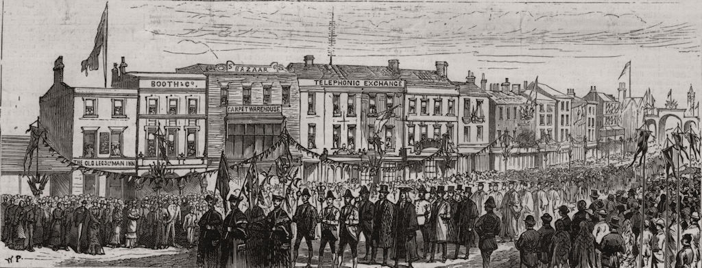 Associate Product Preston. The Mayor to church. Fishergate & Lune Street processions 1882 print