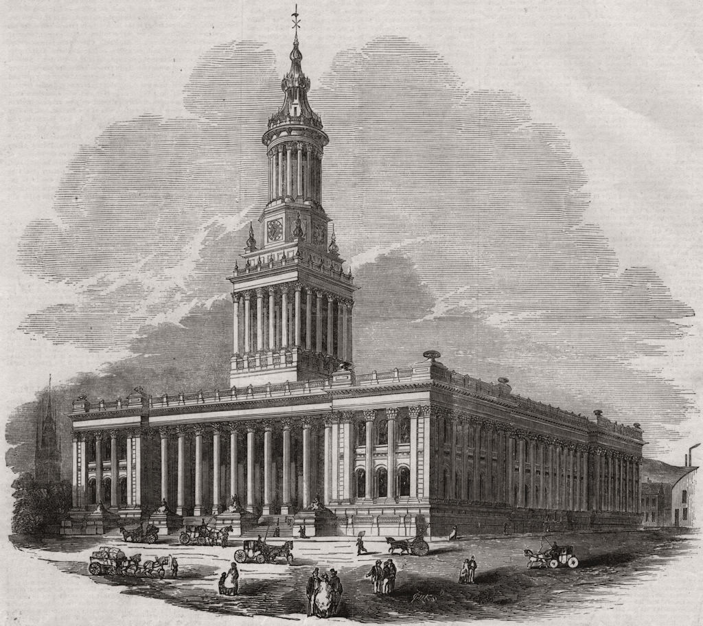 Town hall, in course of erection, at Leeds. Yorkshire 1853 old antique print