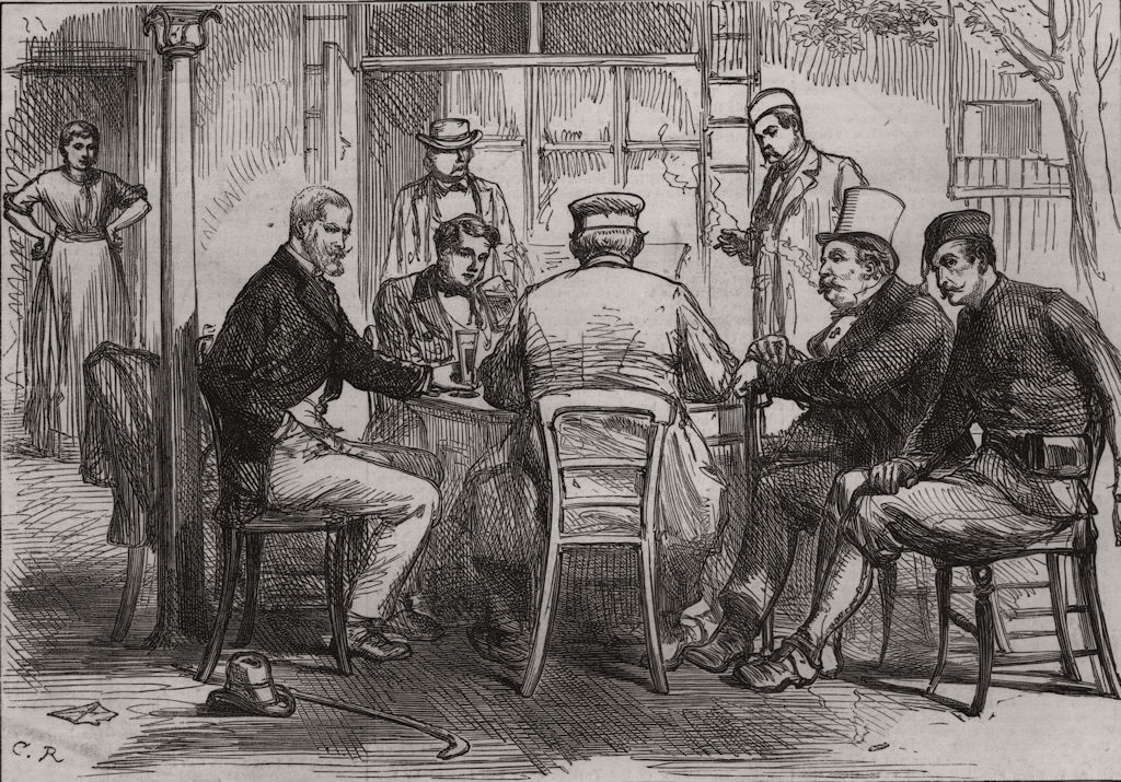 The war: sketch in an inn-yard at Belgrade - reading the news. Serbia 1876