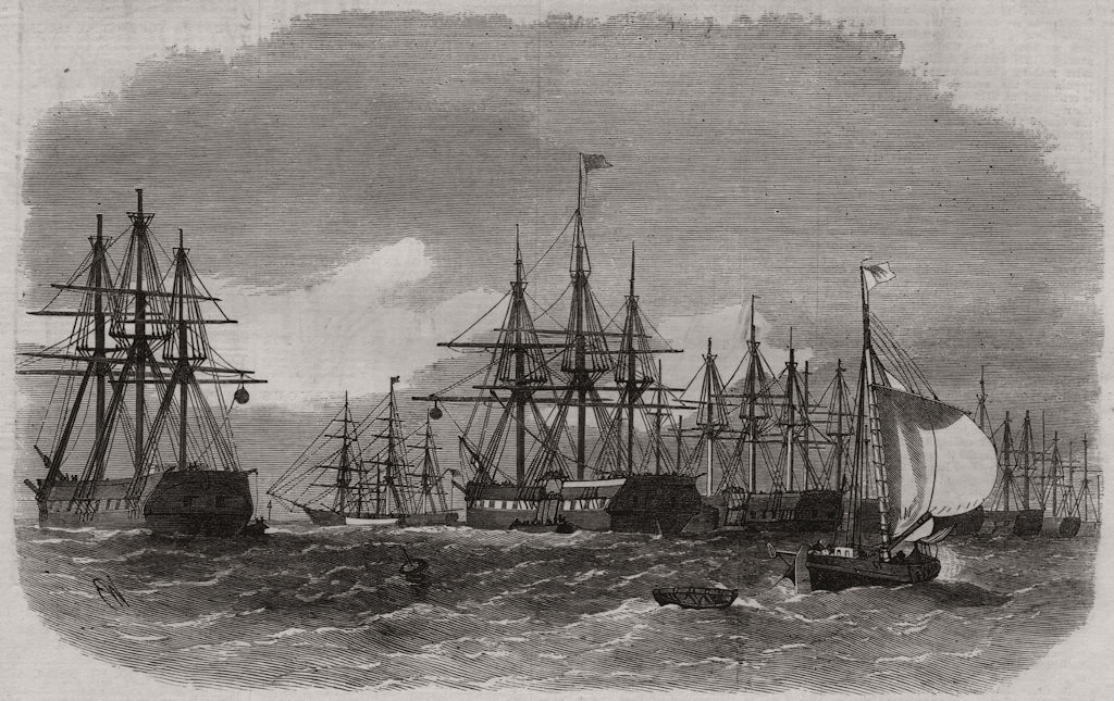 The war: defence of Hamburg - preparing ships to sink in the Elbe 1870 print