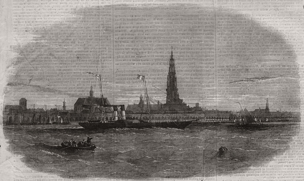 New route to Belgium - "The Aquila" steamship leaving Antwerp, old print, 1854