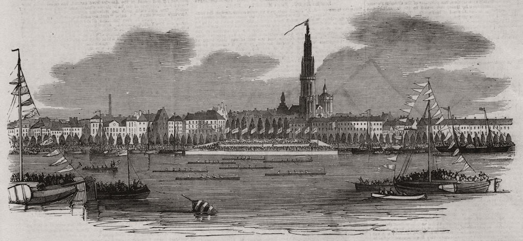 The yacht club Royal Belge Regatta, at Antwerp. Belgium, antique print, 1851