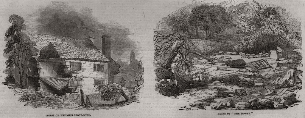 Associate Product Worcestershire floods. Bridge's stone mill. The Bower, antique print, 1852