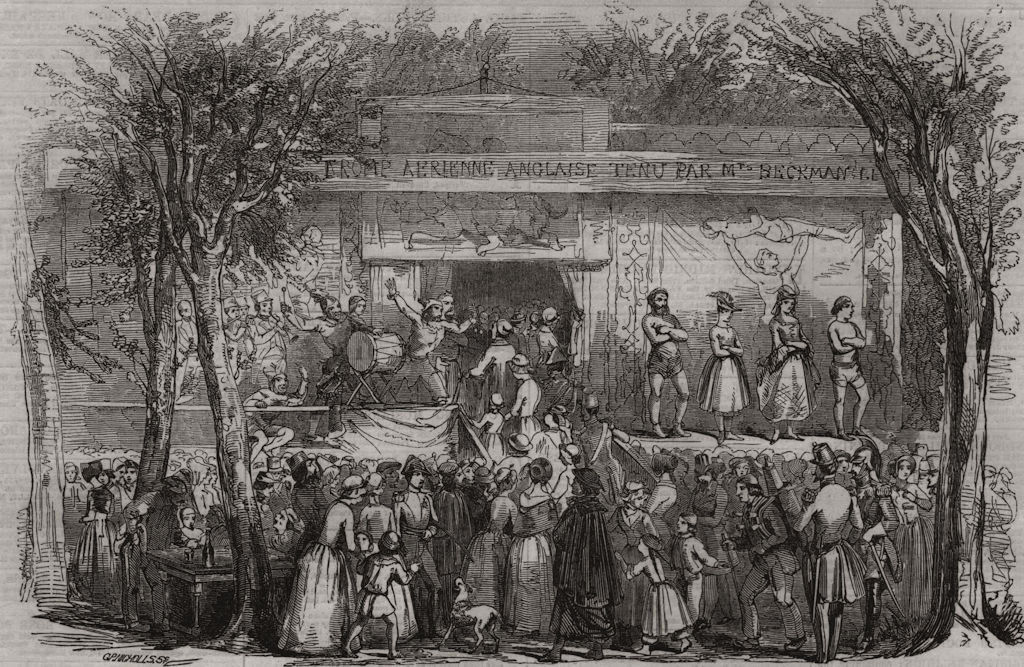 Popular amusements of Paris. Booth at the barrier. Paris, antique print, 1855