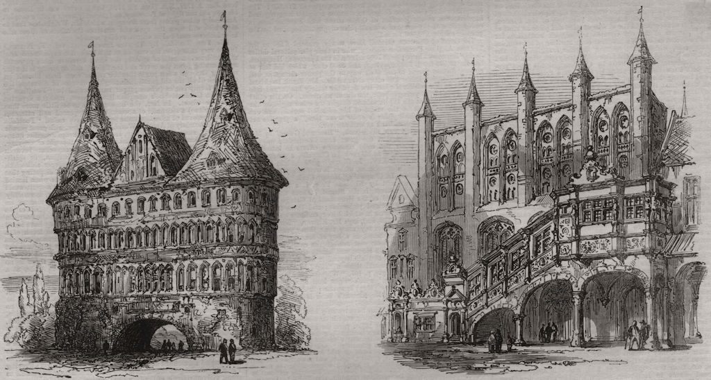 Associate Product Holstein Thor; the Rath-Haus. Lubeck 1864 old antique vintage print picture