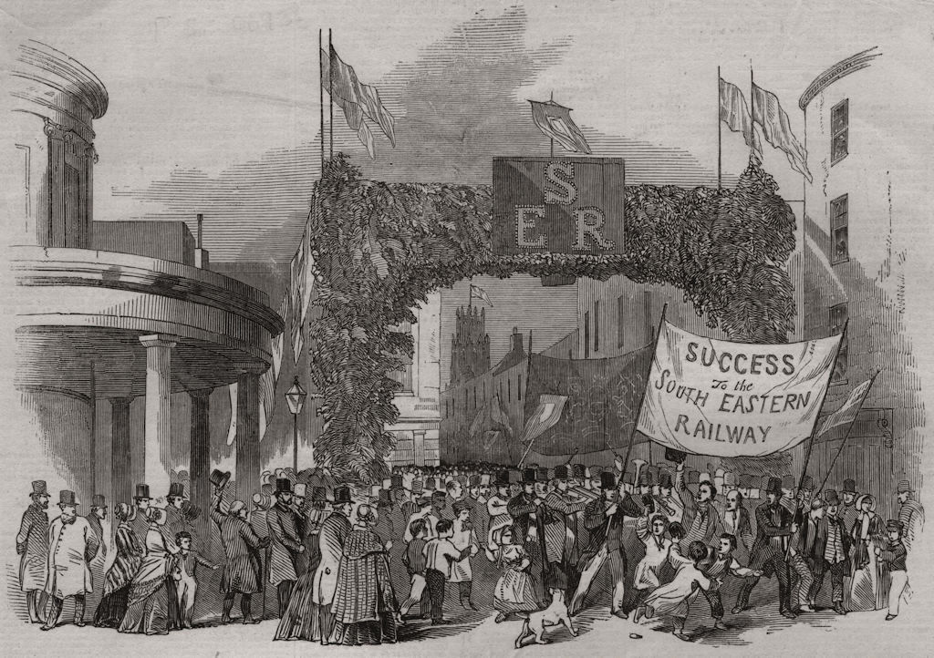 Associate Product South-Eastern rail extension to Ramsgate. Parade in the market place. Kent 1846