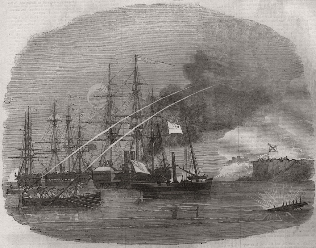Associate Product Royal Navy ships attacking Frederickshamn (Hamina). Finland, antique print, 1855