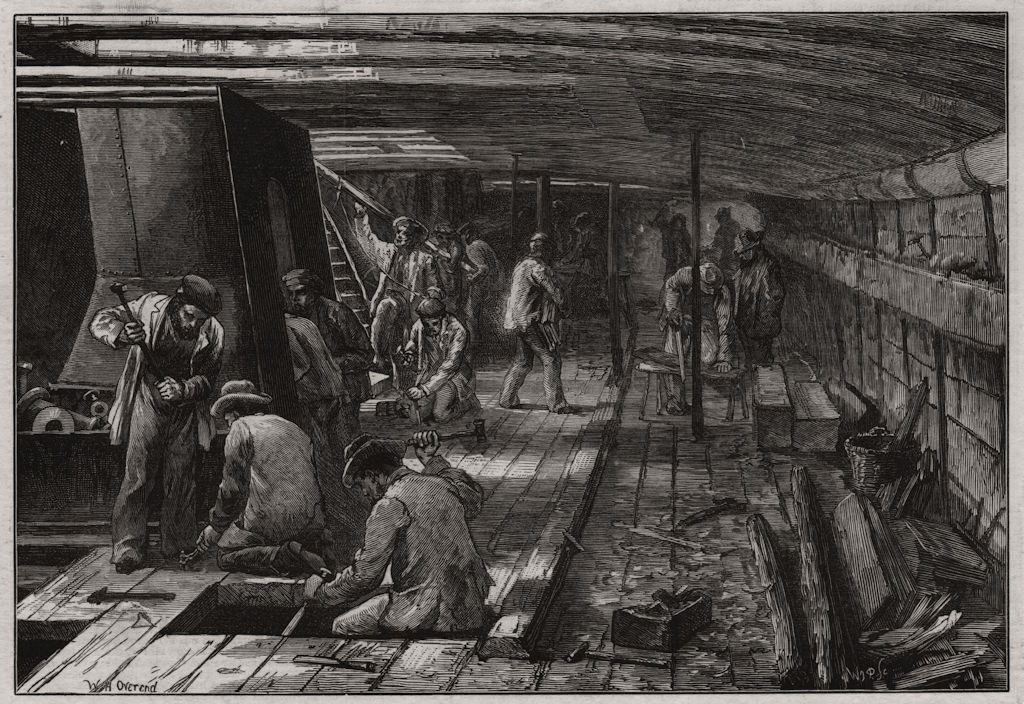 Associate Product Preparing for the Polar Expedition. Between decks of the Alert, old print, 1875