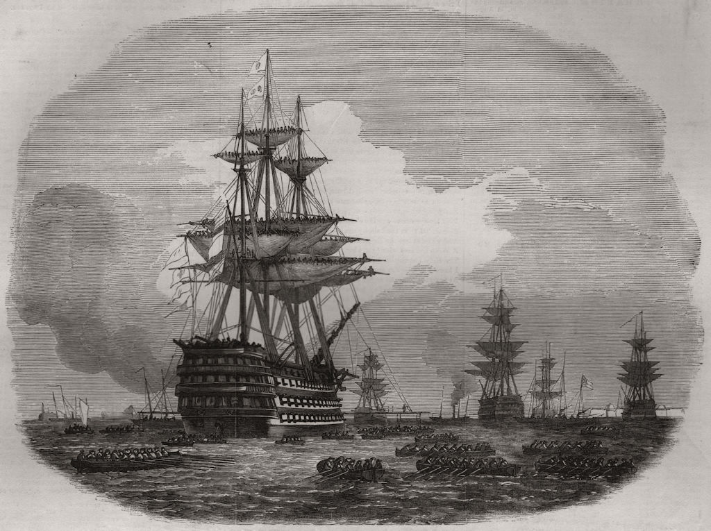 Associate Product Midshipmen going on board H. M. S. "Duke Of Wellington". Ships 1855 old print