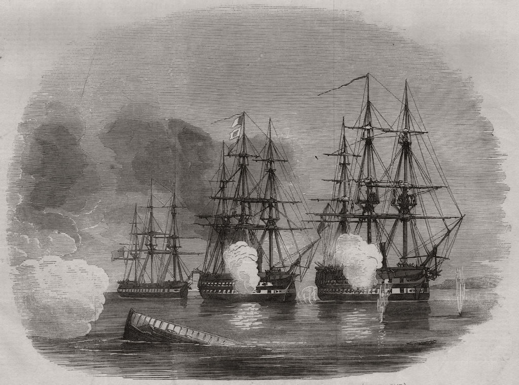 HMS Hastings, Cornwallis & Amphion facing the Sandhamn batteries. Sweden 1855
