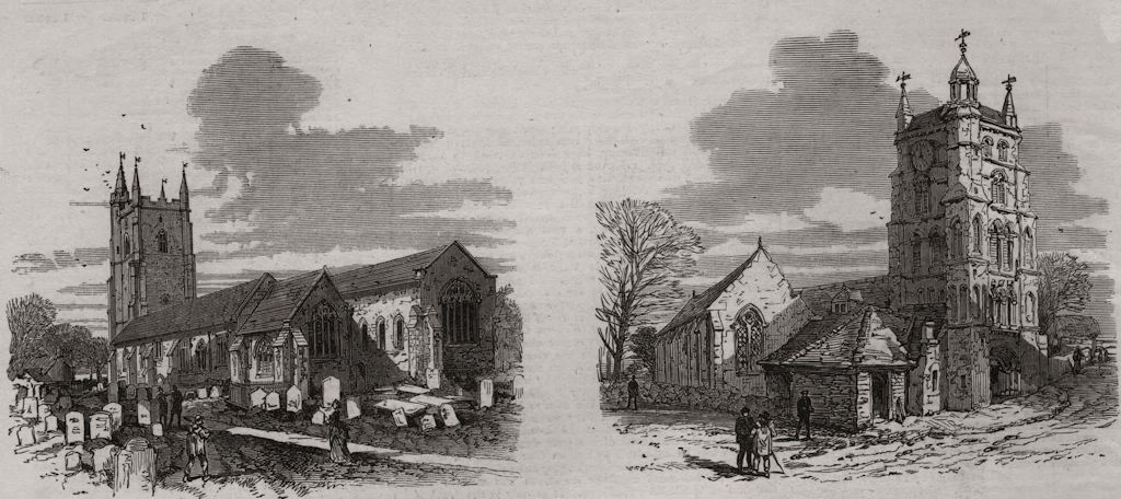 Associate Product The disaster at Dungeness: Lydd Church; new Romney Church. Kent, old print, 1873