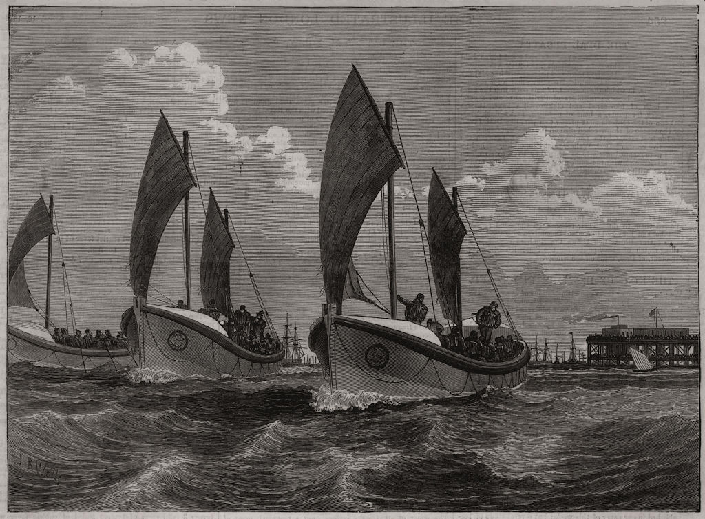 The Deal Regatta: lifeboat race. Kent, antique print, 1874