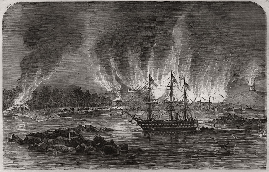 Associate Product Destruction of Russian barracks and magazine, at Hango. Finland, old print, 1855