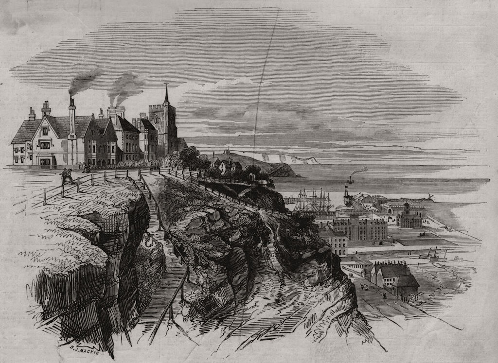 View of Folkestone after an original sketch. Kent, antique print, 1859