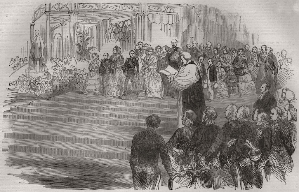 Associate Product Opening of the Crystal Palace - the Archbishop's prayer. London, old print, 1854