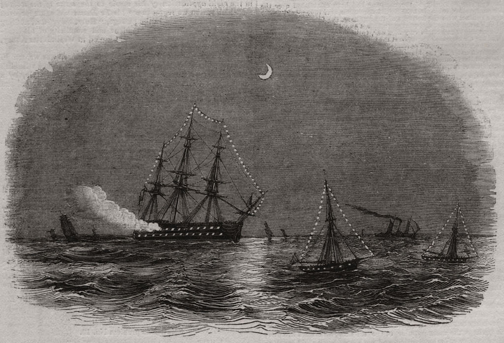 HMS Thunderer firing a salute on the night of Queen Victoria's arrival 1845