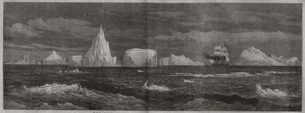 H. M. S. Falcon leaving the icebergs in the Antarctic Ocean. Polar Regions, 1868