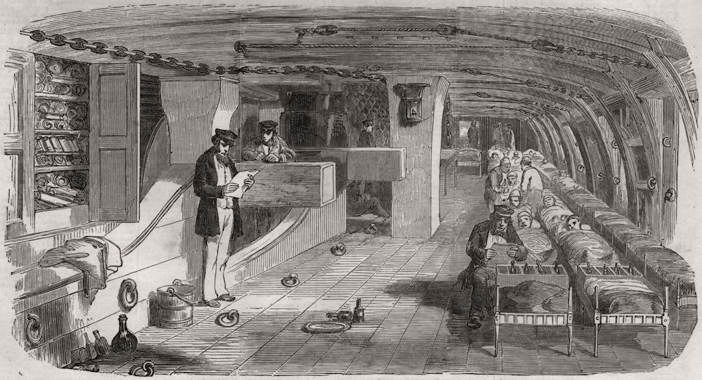 The sick deck of "The Belle Isle" hospital ship, in Farosund. Sweden 1855