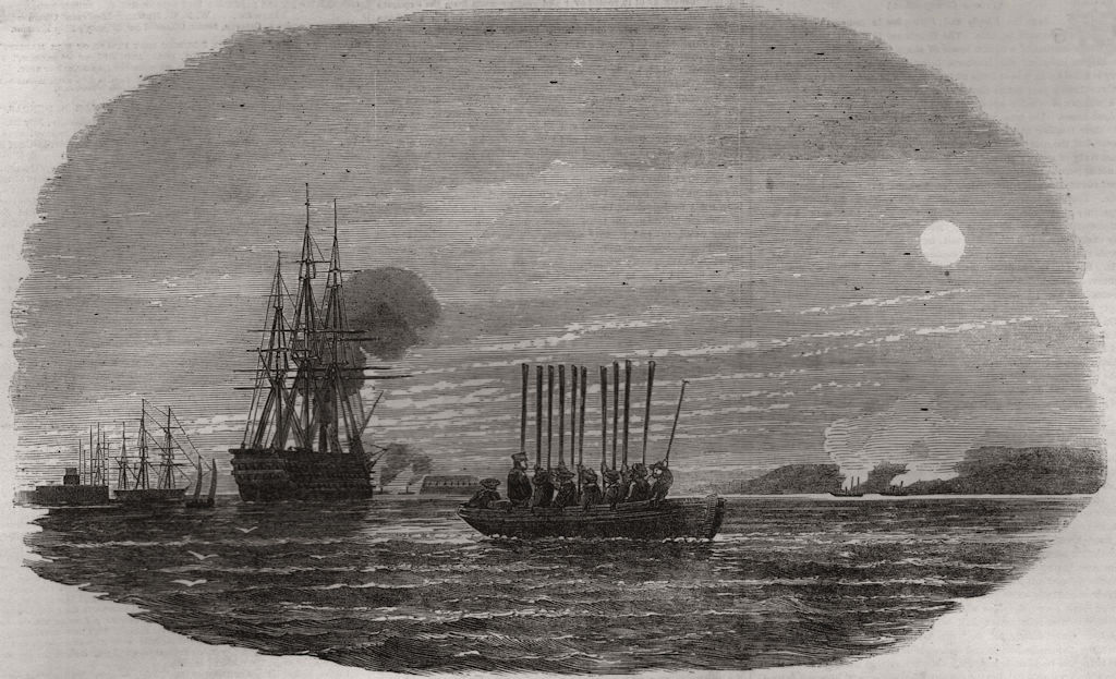 Gun boats Thistle & Weasel cutting out trading craft off Kronstadt. Russia 1855