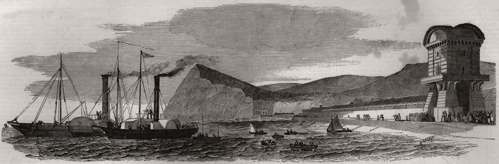 Associate Product Temporary station at Dover - steamers preparing to start. Kent, old print, 1850