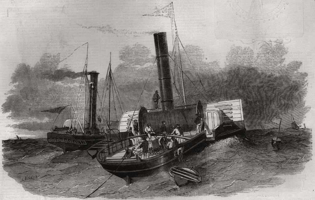 Associate Product "The Goliah" steamer "paying out" the electric wire. Fine arts, old print, 1850