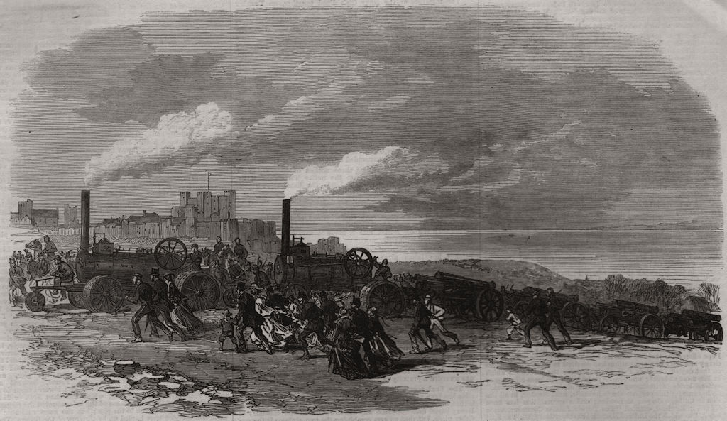 Associate Product Traction engines bringing volunteer artillery into position, Dover, print, 1869