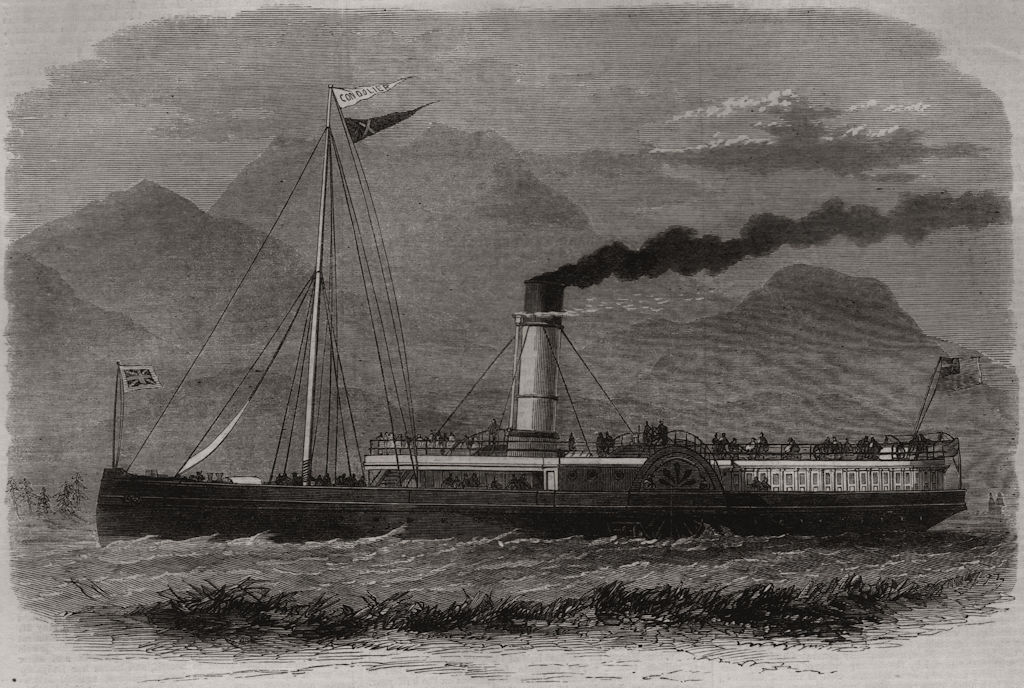 Associate Product The mail steamboat Gondolier on the Caledonian Canal. Scotland, old print, 1868