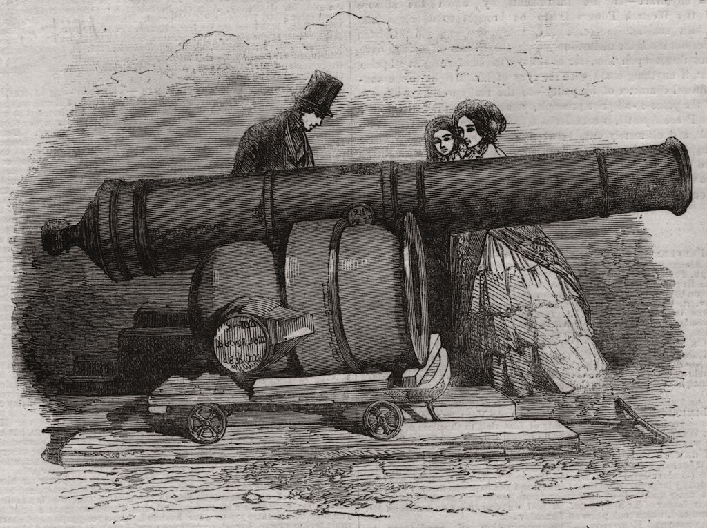 Gun and mortar from Bomarsund, at the Crystal Palace. Finland 1854 old print