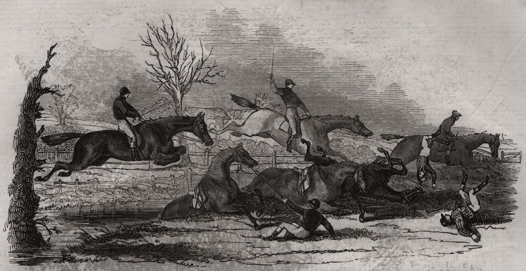 The Harrow steeplechase - the fail at the brook. London 1845 old antique print