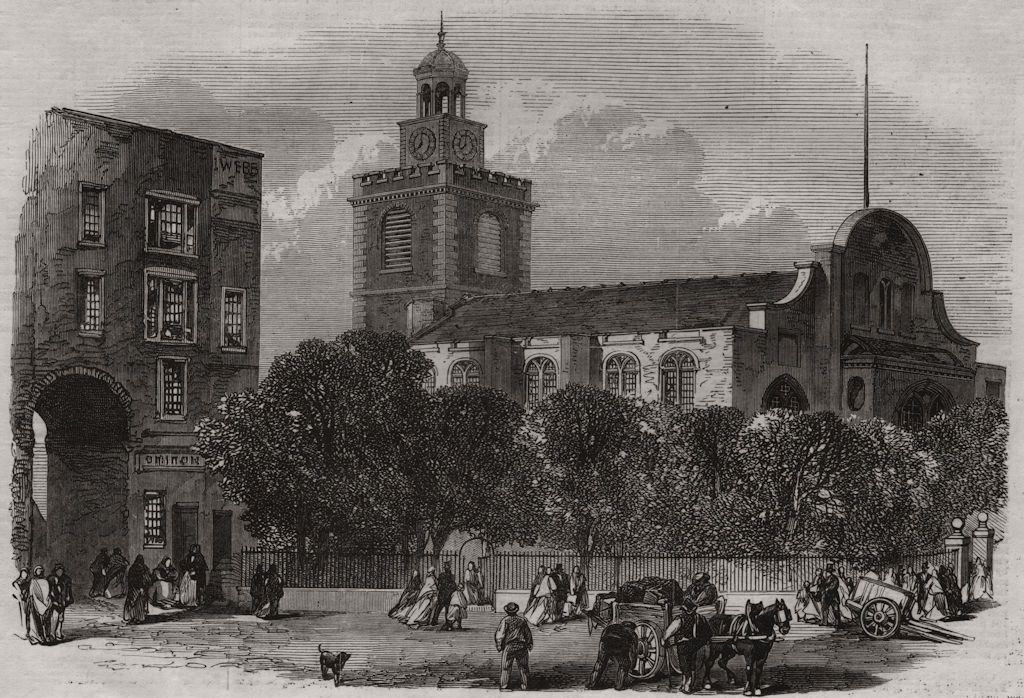 Associate Product Kensington old Parish Church. London, antique print, 1869