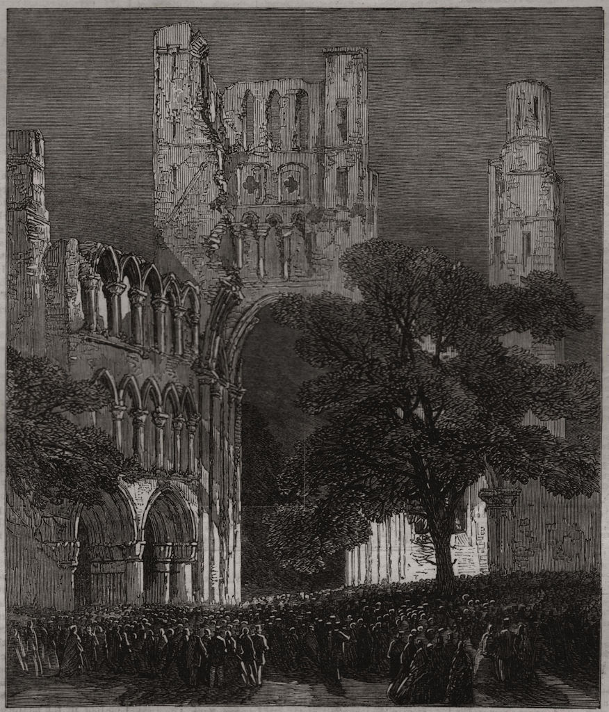 Associate Product Kelso Abbey illuminated by the limelight. Scotland, antique print, 1867