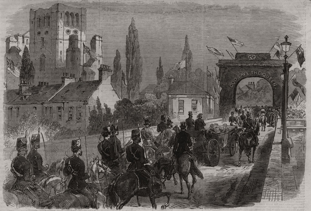 Associate Product Queen Victoria crossing Kelso Bridge. Scotland. Scottish Borders, print, 1867