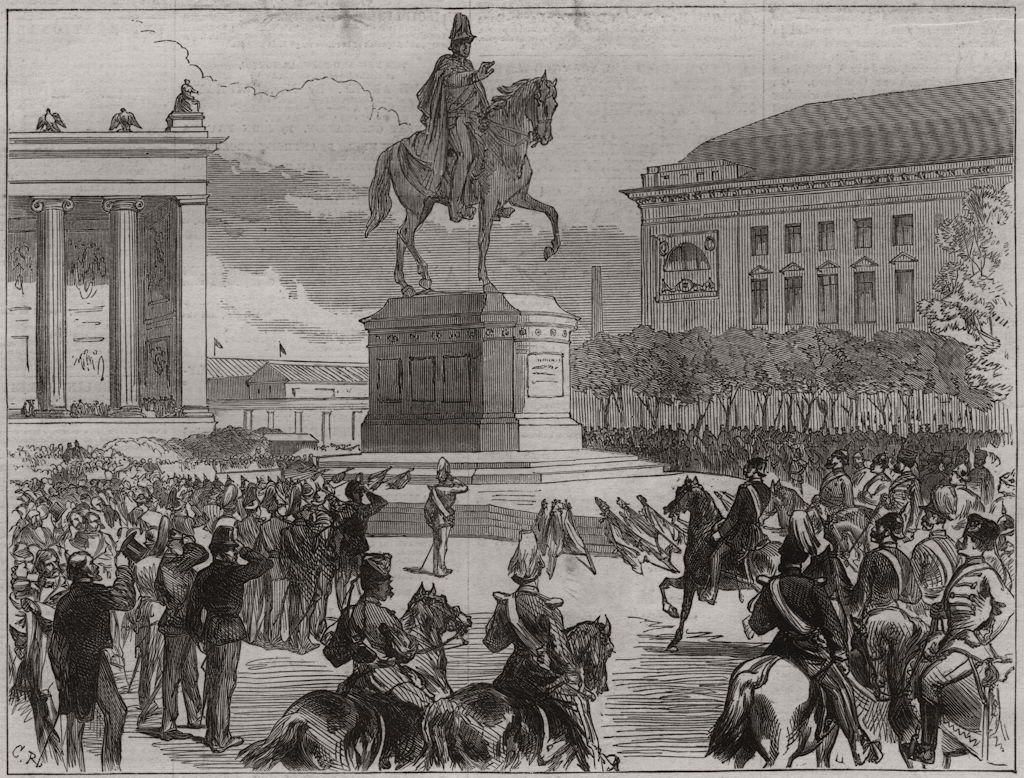 Unveiling King Frederick William III's statue at Berlin, antique print, 1871