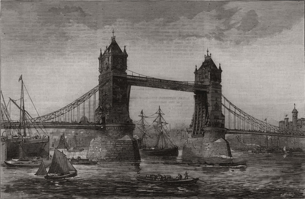 The planned Tower Bridge. High tide: the draw-bridge up. London, old print, 1885