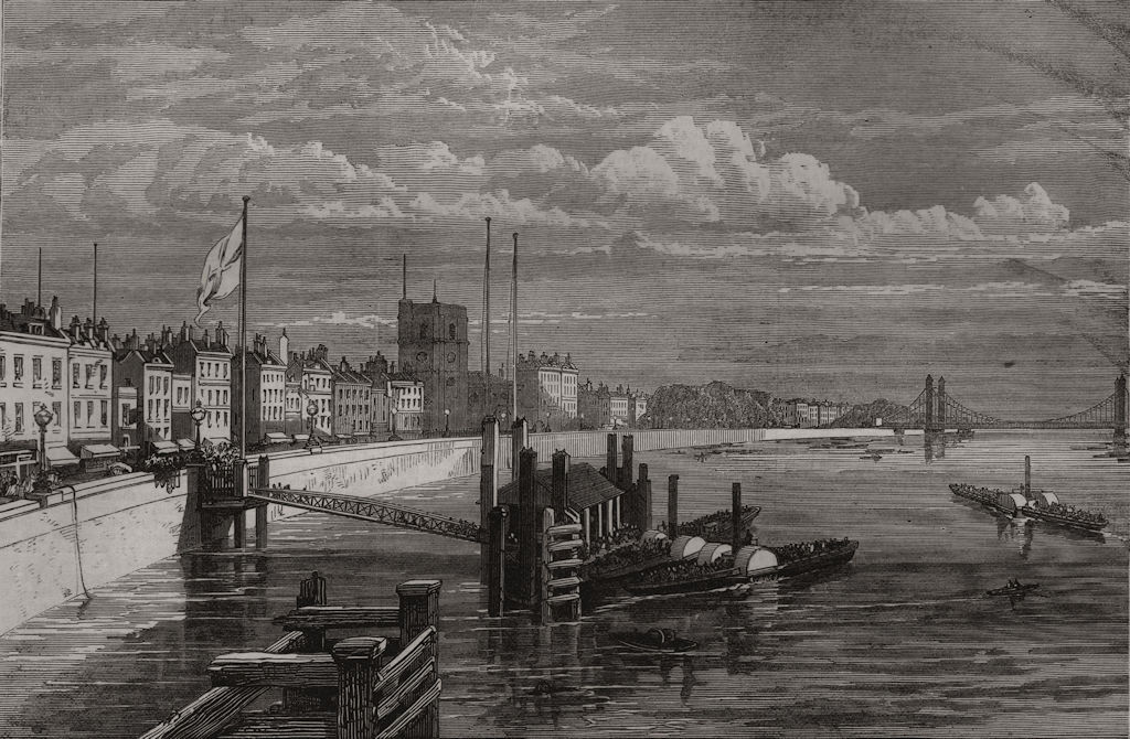 Associate Product The new Chelsea Embankment, from Battersea Bridge. London, antique print, 1874