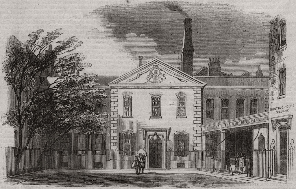 Associate Product Times printing office. London, antique print, 1843