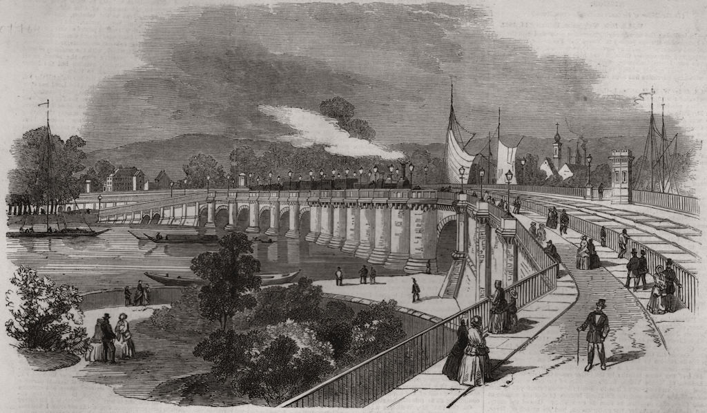 New railway and general traffic Bridge at Dresden. Saxony 1852 old print