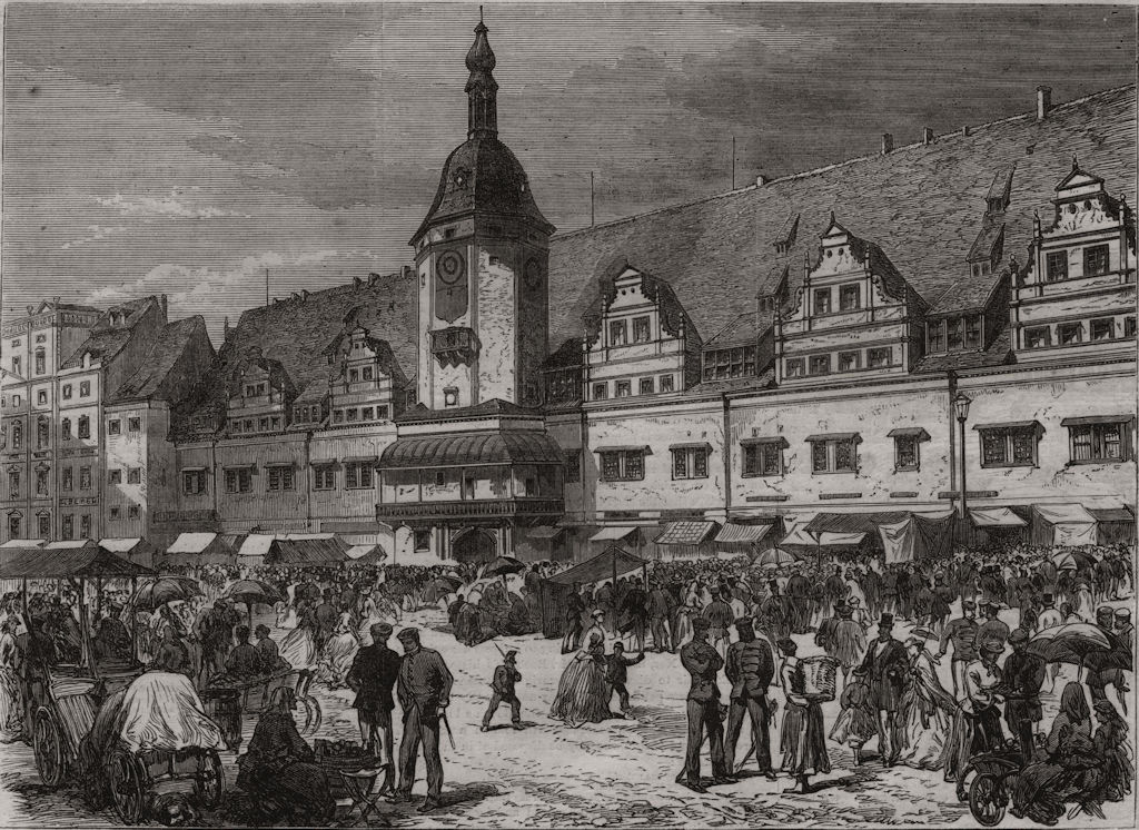 Associate Product Marketplace and Rath-Haus, Leipsig, Saxony. Germany, antique print, 1866